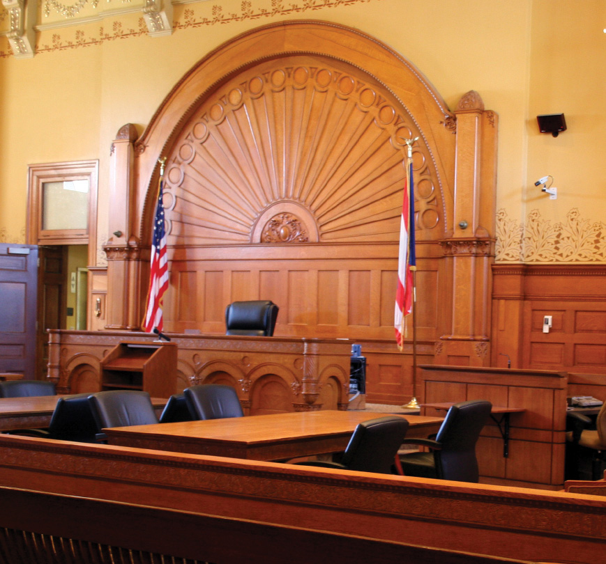 Courtroom photo with judge's bench